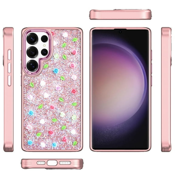 For Samsung Galaxy S24 Ultra Floral Design Embedded Glass Diamond Fancy Fashion Glitter Bling Sparkly Hybrid Rugged TPU Bumper Cover, XPM Phone Case [Rose Gold]