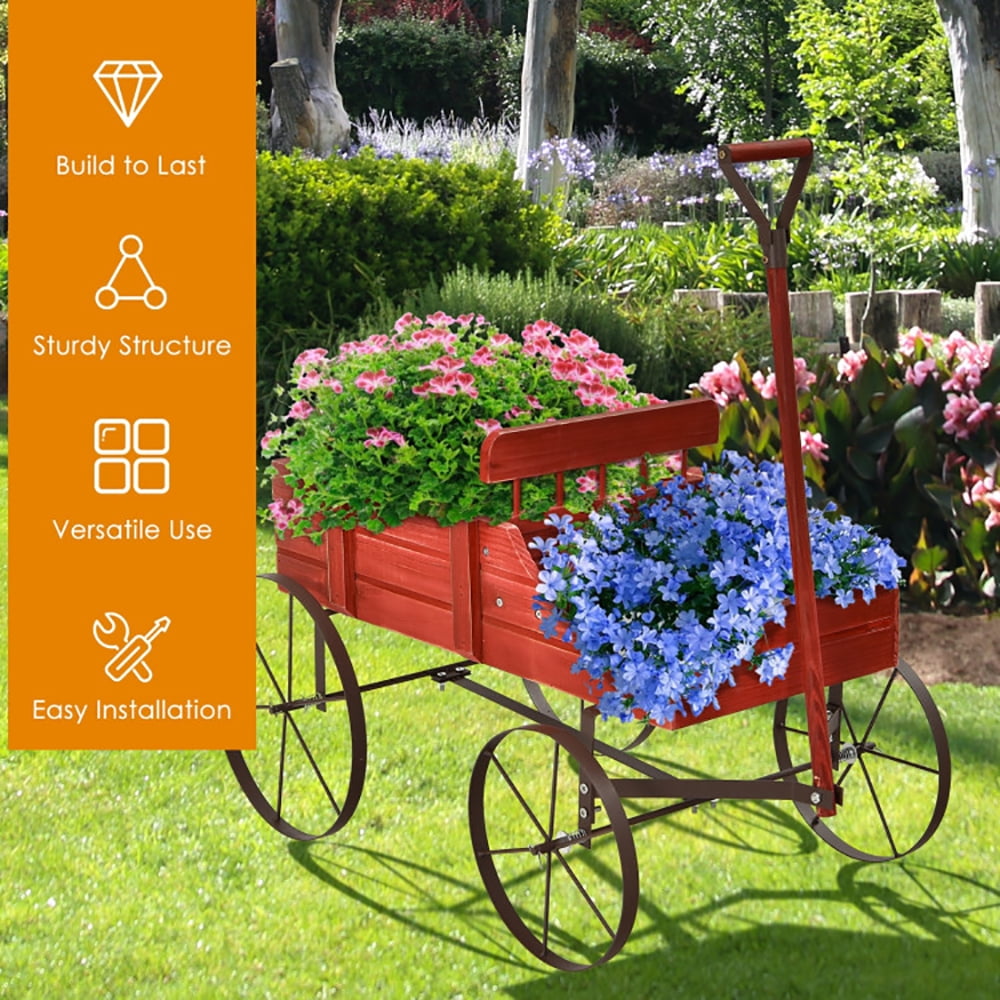 Kadyn Raised Garden Bed, Horticulture Elevated Flower Box, Planter Boxes,Wooden Wagon Plant Bed With Wheel for Garden Yard-Red