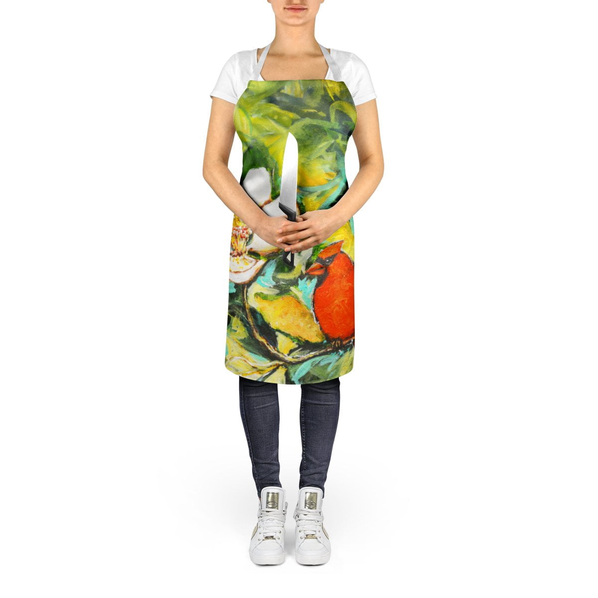 Cardinal with Magnolia Apron 27 in x 30 in