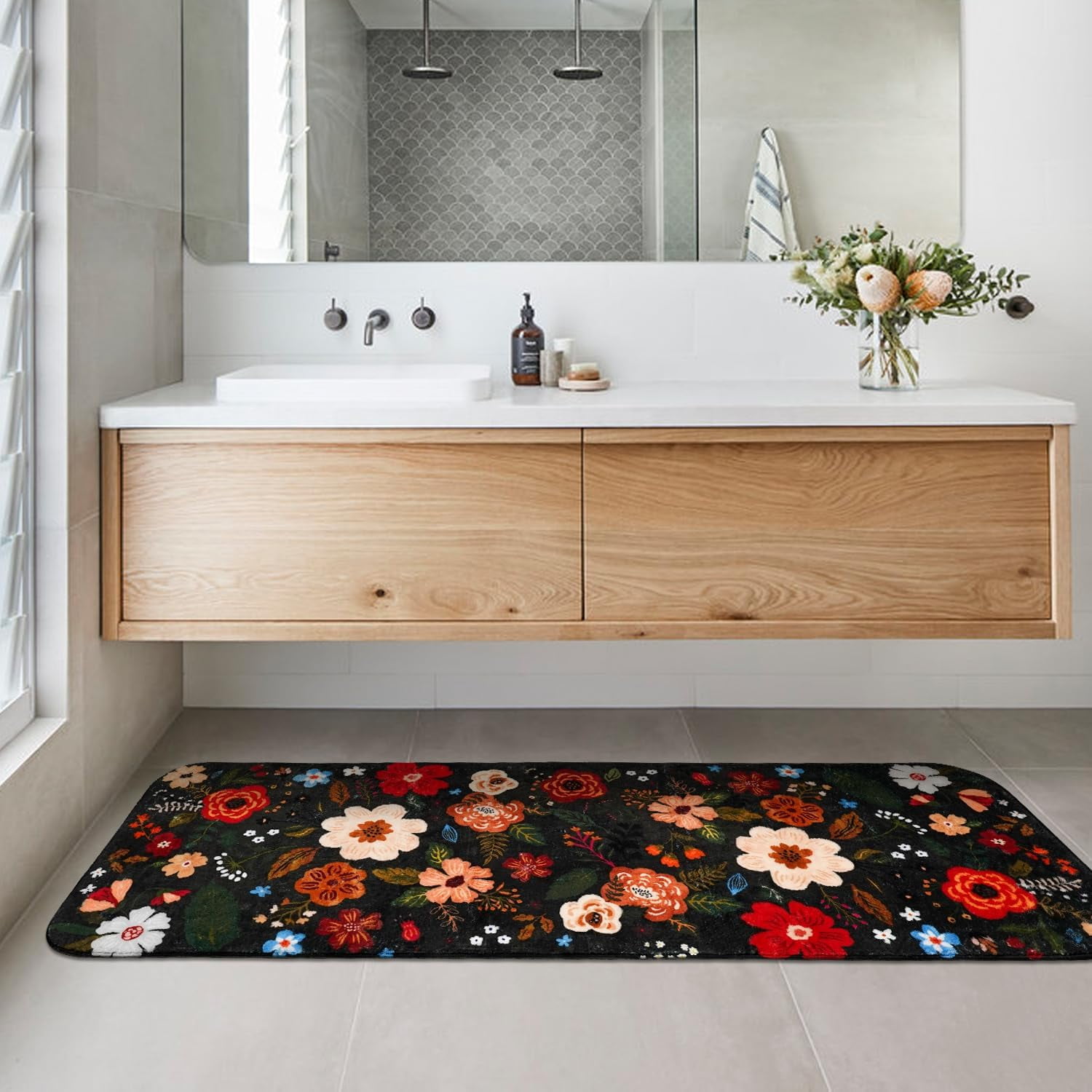 Floral Bathroom Rugs Large Long Bath Mat, Black Bathroom Runner Rugs 24 x 60 Non Slip Washable, Flower Rug Cute for Bathtub