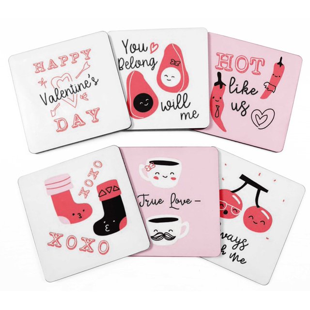 Inkdotpot Ensemble de 6 sous-Verres à Boisson Faciles à Nettoyer Base en Liège Carrée de 4 Pouces, Réutilisable, Joyeuse Saint-Valentin