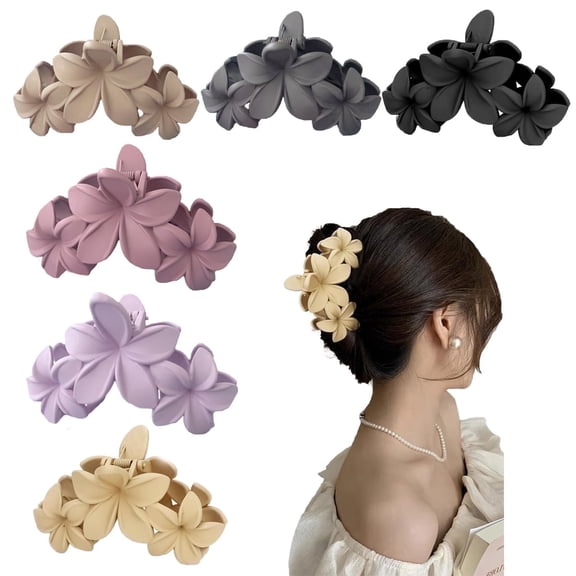 6PCS Hawaiian Plumeria Flower Hair Clips - Large Non-Slip Matte Claw Clips for Women, Strong Hold Beach Hair Accessories