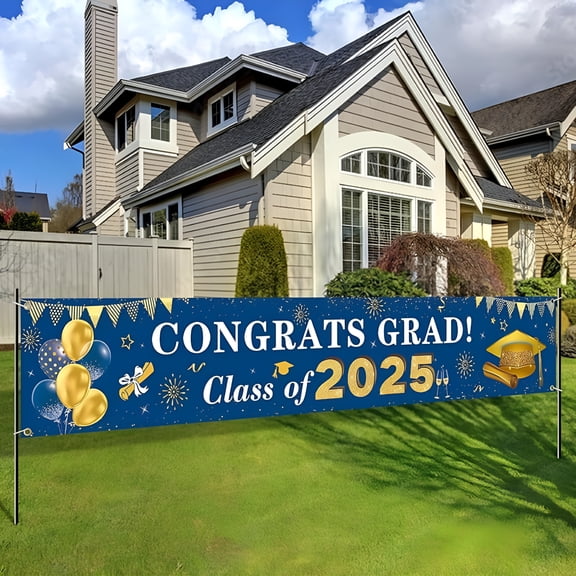 CCOCC Graduation Decorations Congrats Grad Class of 2025 Banner - Blue and Gold Graduation Yard Sign Backdrop Hanging Decorations for Indoor Outdoor 2025 Graduation Party Supplies