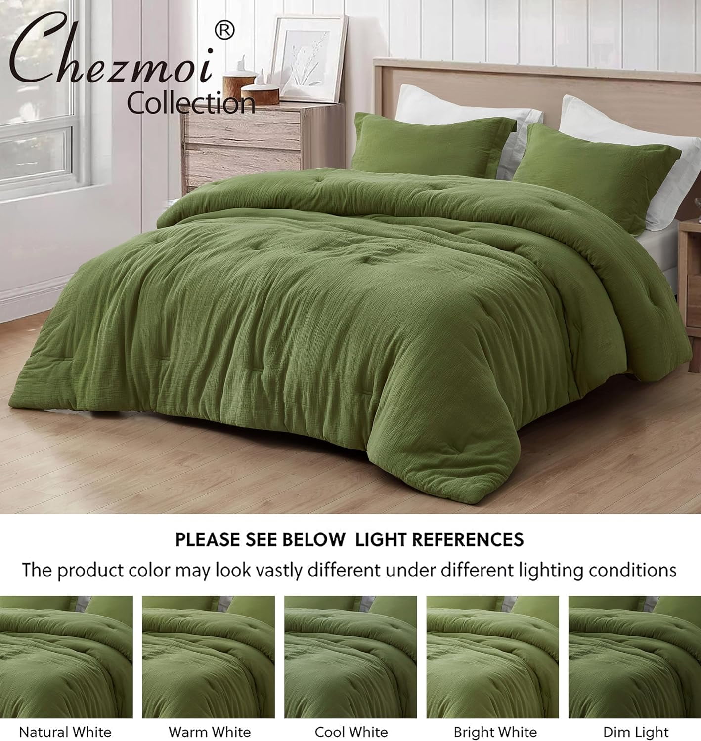 Chezmoi Collection Breeze 3-Piece 100% Cotton Muslin Queen Comforter Set, Olive Green Soft Washed Cotton Gauze Comforter, Lightweight Breathable Bedding for All Season