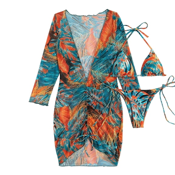 ZPAQI Womens Halter Bikini Set 3 Pieces Tie Side Bathing Suits Floral Print Swimsuits