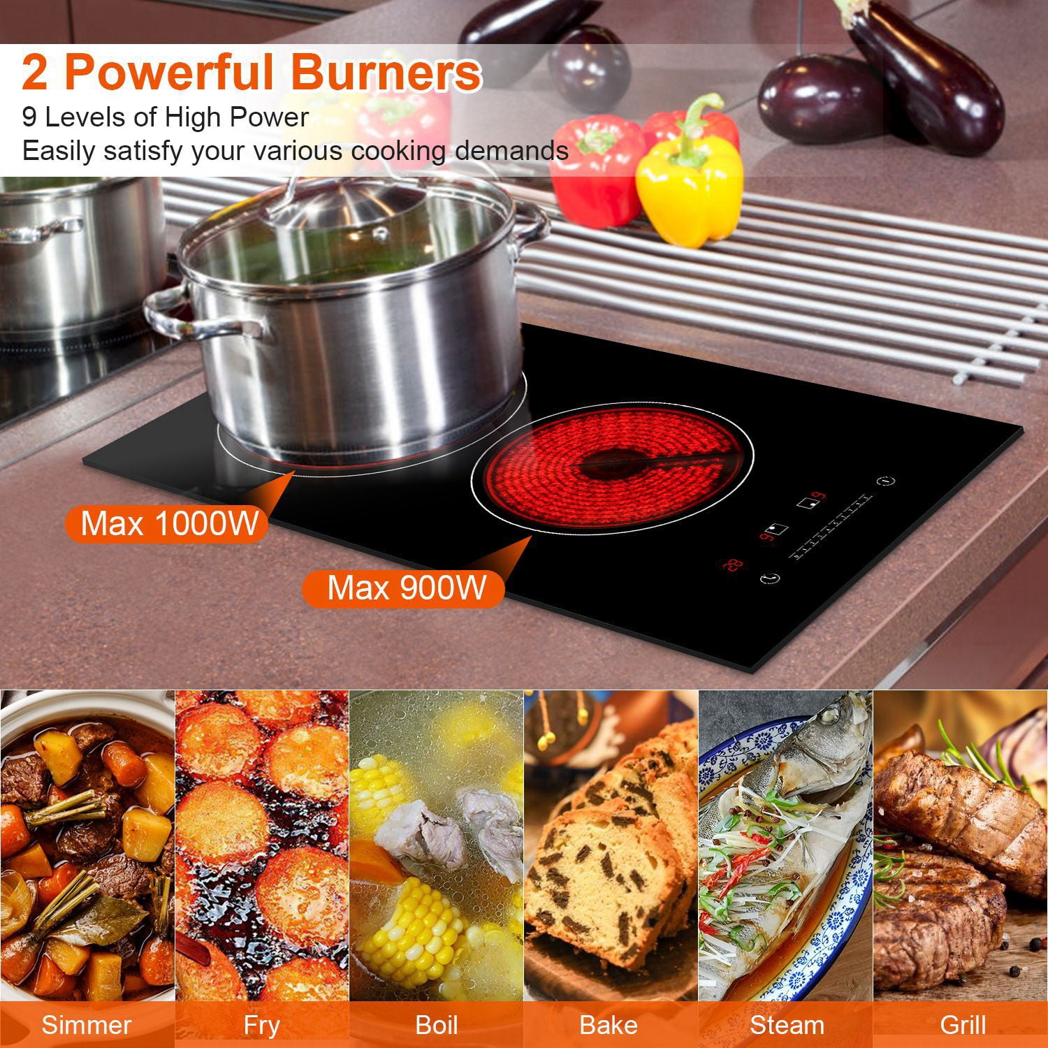 Dual Induction Burners Electric Cooktop 110V 1900W Built in Electric Ceramic Stove with Timer 9 Firepower Levels Overheating Protection