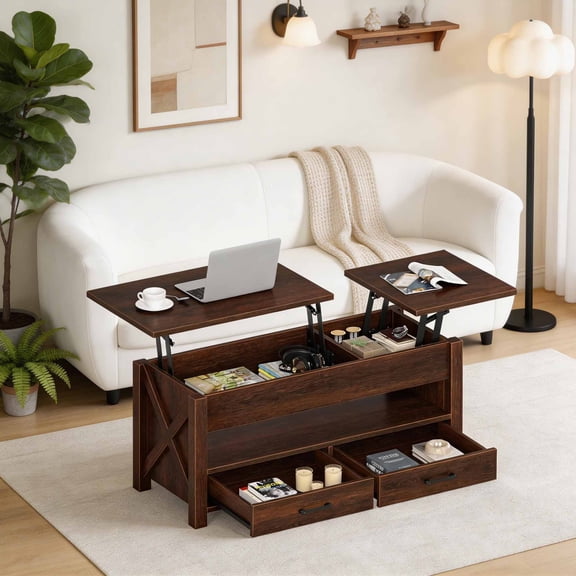 47 Inch Dual Lift Top Coffee Table with Storage Drawers in Brown, Center Table with Hidden Compartments For Living Room