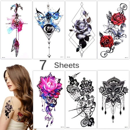 Lady Up 7 Sheets Temporary Tattoos Fake Tattoo for Women Girls Flower Rose Anchor Waterproof Stickers for Body (Best Small Tattoos For Girl)