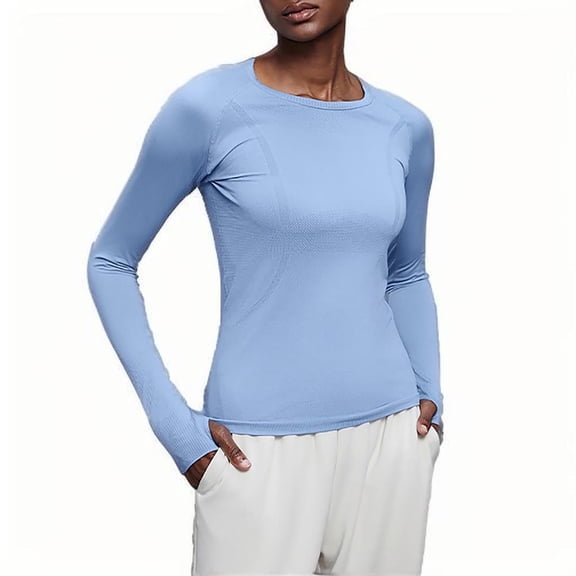YUGYXL Workout Shirts Women Yoga Shirt Long Sleeve Stretchy Quick Dry Seamless Breathable Gym Athletic Top with Thumb Holes Light Blue Sweatshirt L
