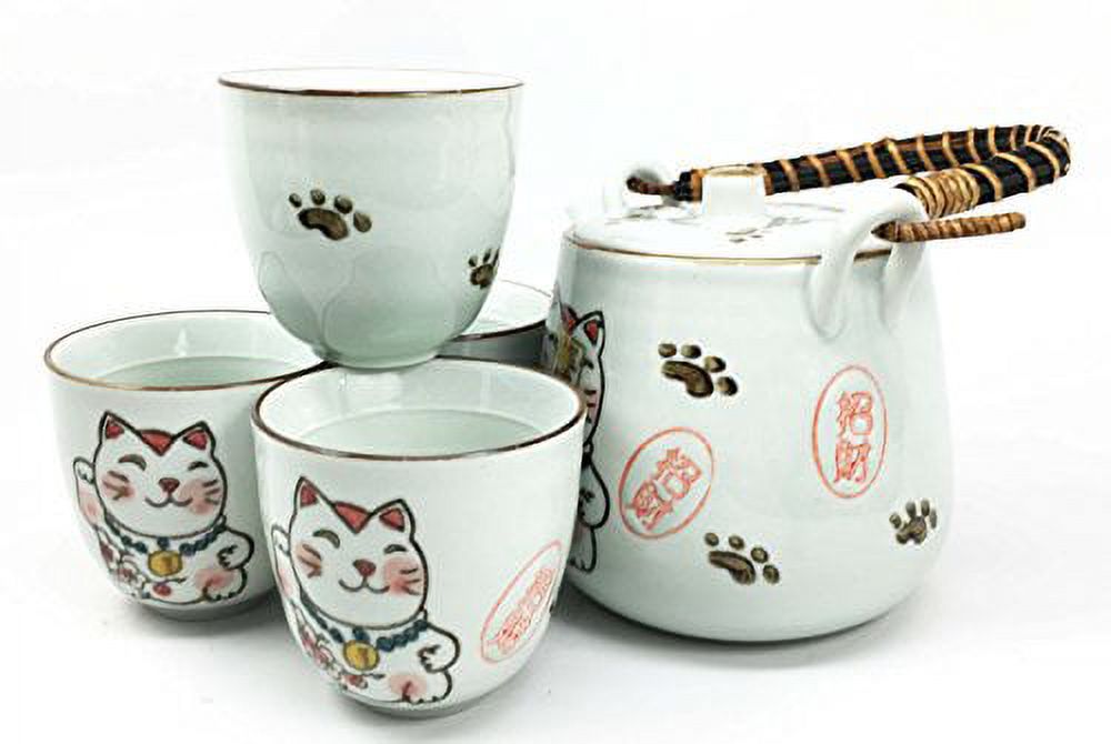 Japanese Design Maneki Neko Lucky Cat White Ceramic Tea Pot and Cups Set Serves 4 Beautifully Packaged in Gift Box Excellent Home Decor Asian Living Gift for Chefs Moms And Sushi Enthusiasts - image 2 of 3
