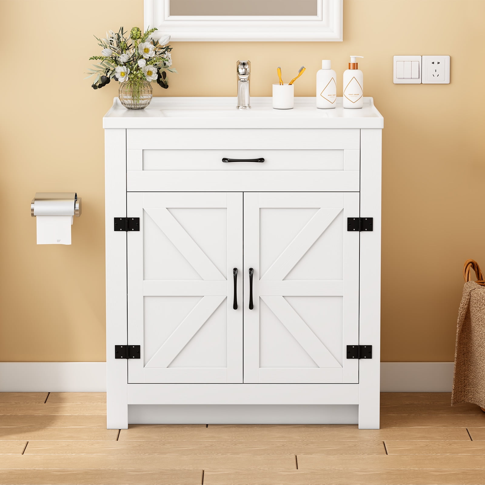 Yamissi 24" Freestanding Bathroom Vanity with Ceramic Sink, Storage Cabinet with 2 Soft Closing Doors, Modern White