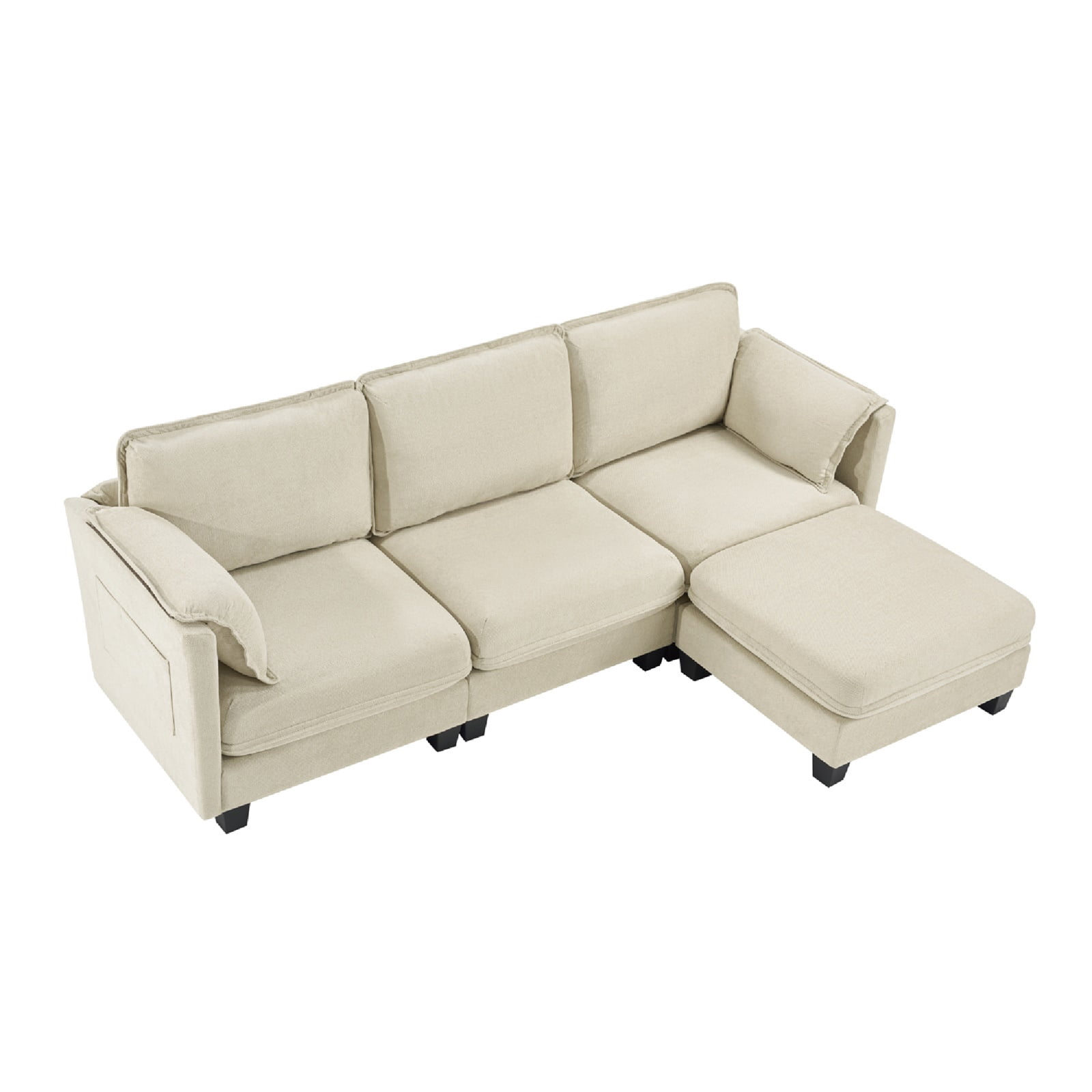 Hommoo 93-inch Cotton-Linen Velvet Texture L-shaped Sectional Sofa, 3 Seats Corner Sofa Set with Ottoman & Side Bag, Beige
