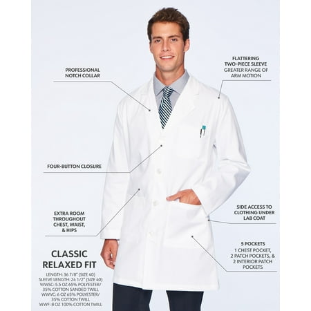Landau Essentials Relaxed Fit 5-Pkt 4-Button Full-Length Lab Coat for Men 3124