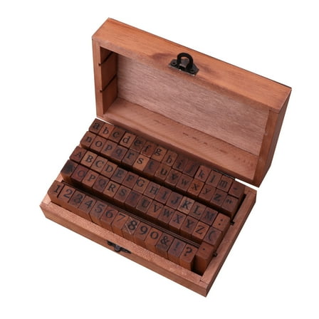70Pcs Vintage DIY Number Alphabet Letters Wood Rubber Stamp Set with Wooden Box
