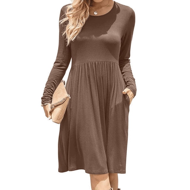 Vestido casual de manga larga con bolsillos para mujer Vestido suelto$ Vestido de manga larga con bolsillos y cuello redondo de color puro de otoño$ Vestido casual de manga larga con