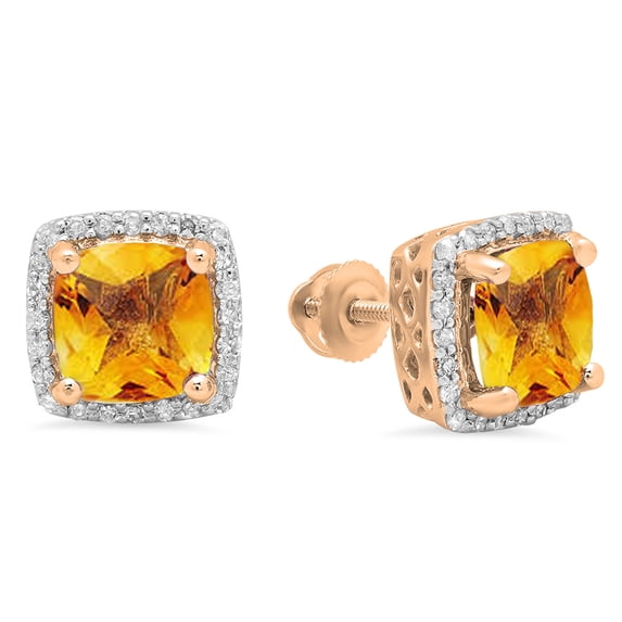 Dazzlingrock Collection 18K 7 MM Each Cushion Citrine & Round Diamond Ladies Square Frame Halo Stud Earrings, Rose Gold