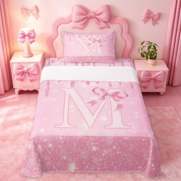 Erosebridal Fashion Bow Tie Twin Sheet Sets For Kids Girls,Sequin Print Letter M Monogrammed Bedding 3-Piece