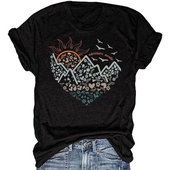 XIAONU Women's Graphic Print Tees Adventure Heart Mountain Top Soft Casual Outdoor Wear Shirt