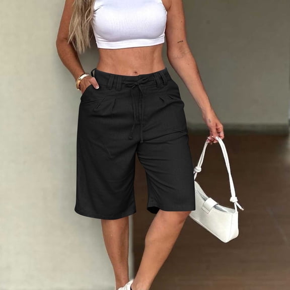 Aobny Women's Shorts Cotton Linen Pockets Bermuda Shorts Plus Size Casual Baggy Womens Shorts,Black,L
