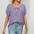 thumbnail image 5 of JGGSPWM Women's Relaxed Lovely Short Sleeve V Neck Solid Blouses Ruffle Sleeve Drawsting Hollow Lace Basic Summer Tops Purple L, 5 of 8
