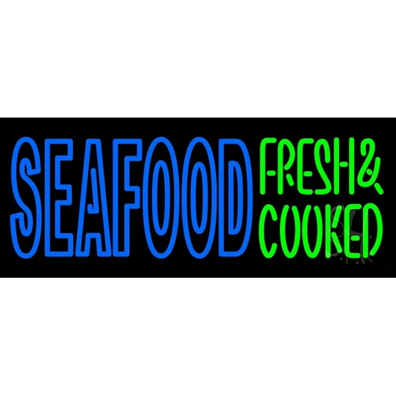 Seafood Fresh And Cooked LED Neon Sign 10 x 24 - inches, Clear Edge Cut Acrylic Backing, with Dimmer - Bright and Premium built indoor LED Neon Sign for restaurant window and interior decor.