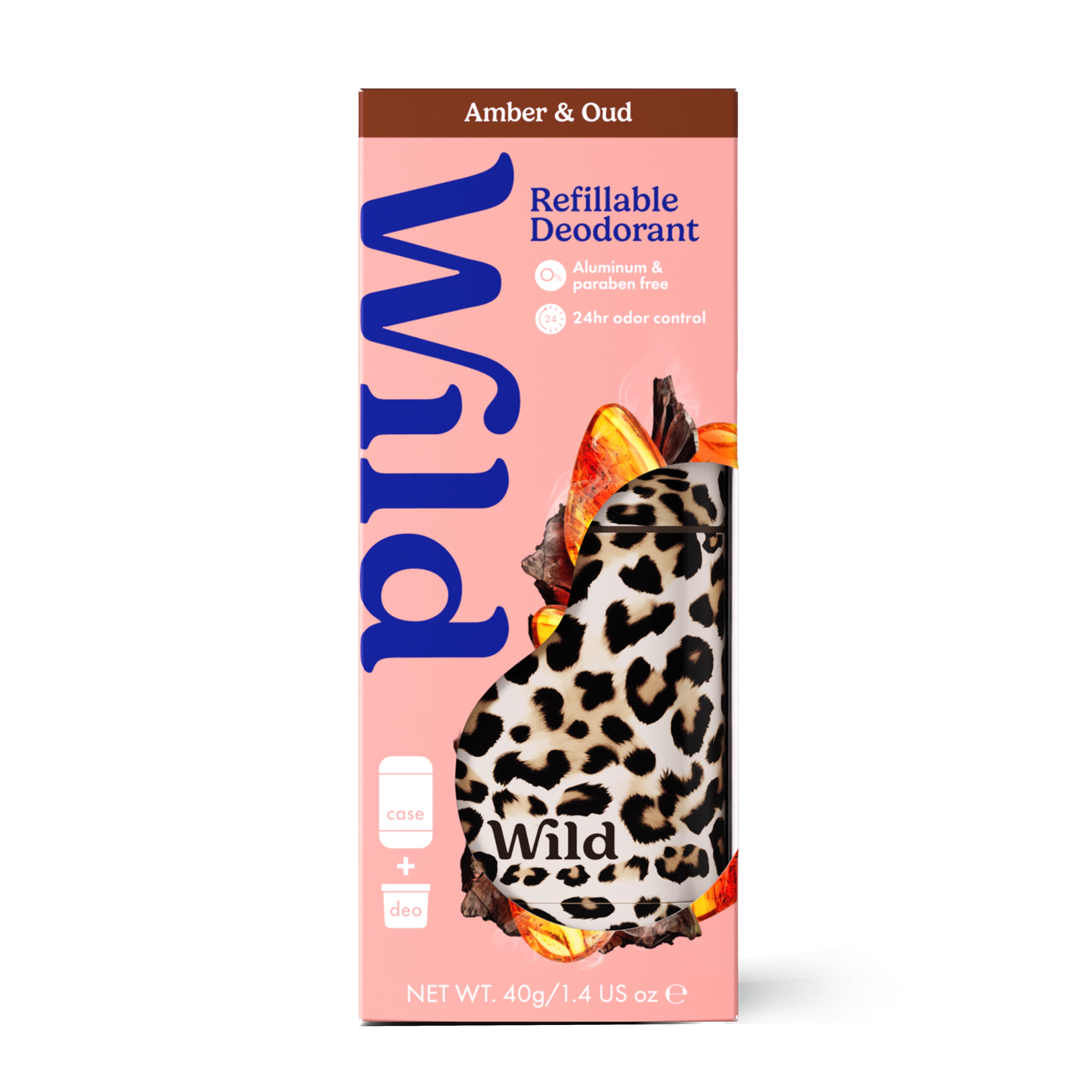 Wild Refillable Deodorant Starter Pack - Aluminum Free. Leopard Case + Amber & Oud Refill, for Women and Men, 1.4oz
