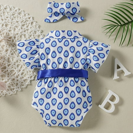 

nsendm Toddler Kids Infant Girls Cute Water Prints Short Sleeves Romper Jumpsuit Hairband Belt Cloths Simple Bodysuit Childrenscostume Blue 18-24 Months