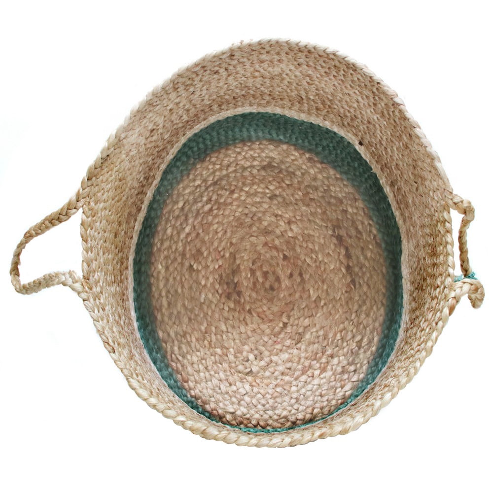LR Home Woven Round Jute 19" Storage Basket with Handles, White/Teal Three Stripe