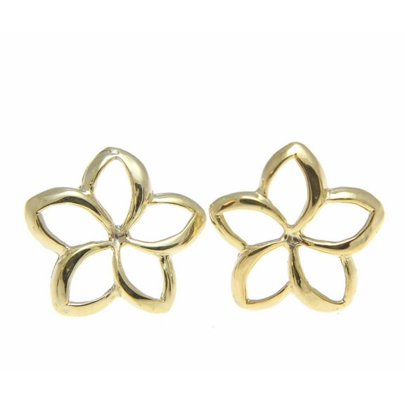14K yellow gold Hawaiian high polish shiny 10mm open plumeria flower earrings