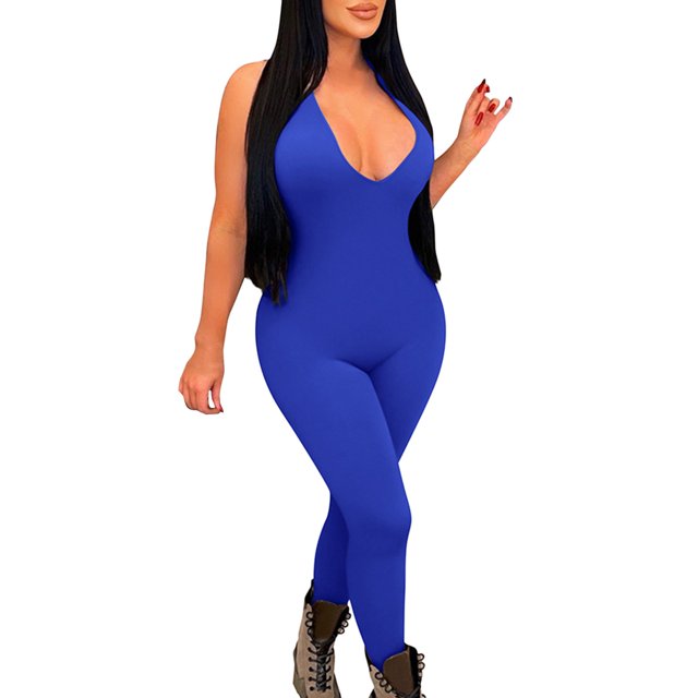 Gibobby pantalones siameses de pierna ancha Mono multicolor informal deportivo delgado con cuello colgante y nalgas sin espalda para mujer(Azul marino, XXL)