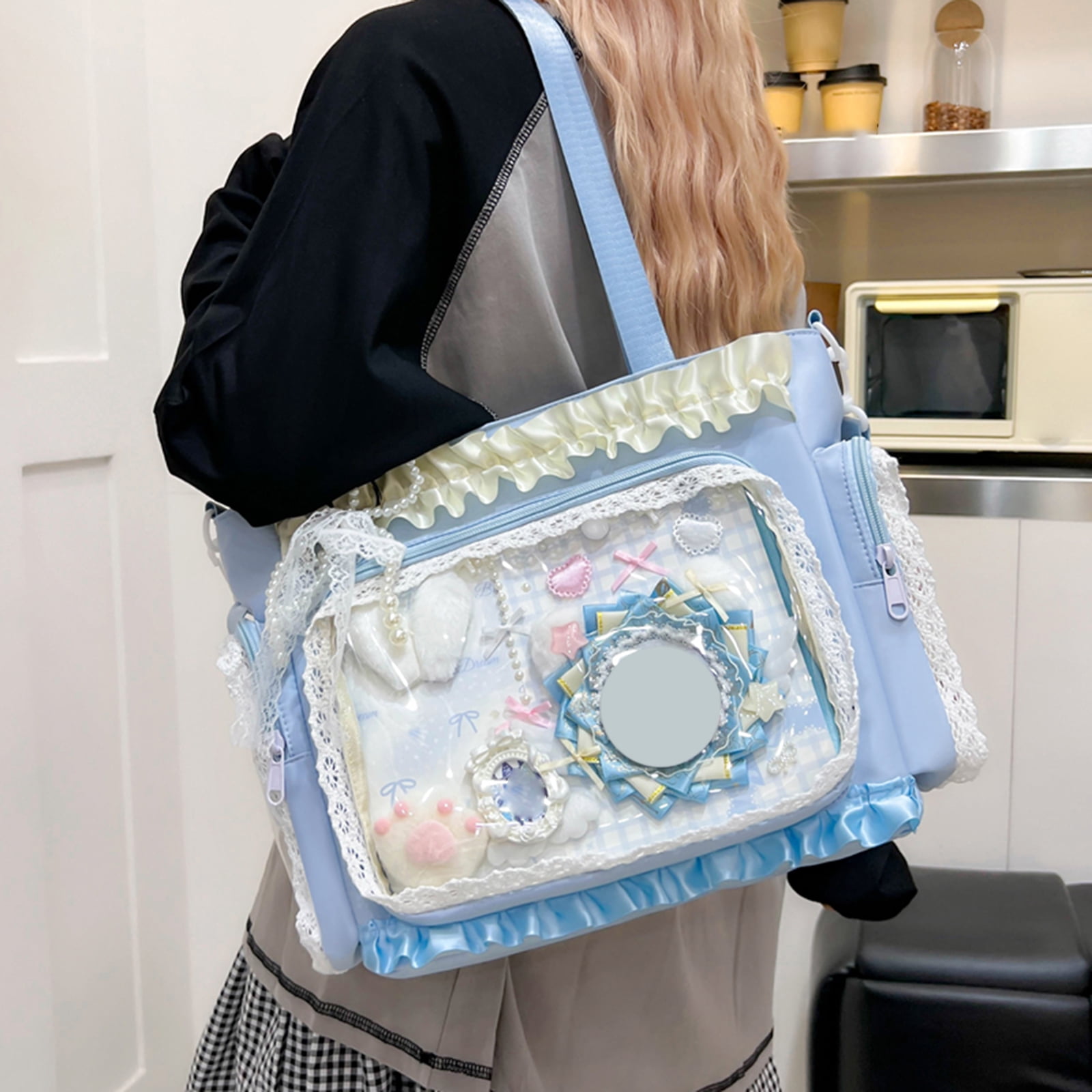 Women Transparent Square Ita Bag with Pin Display DIY Badge Crossbody Bag W/ Zipper & Pendant for Shopping Travel Work Daily Use (Blue)