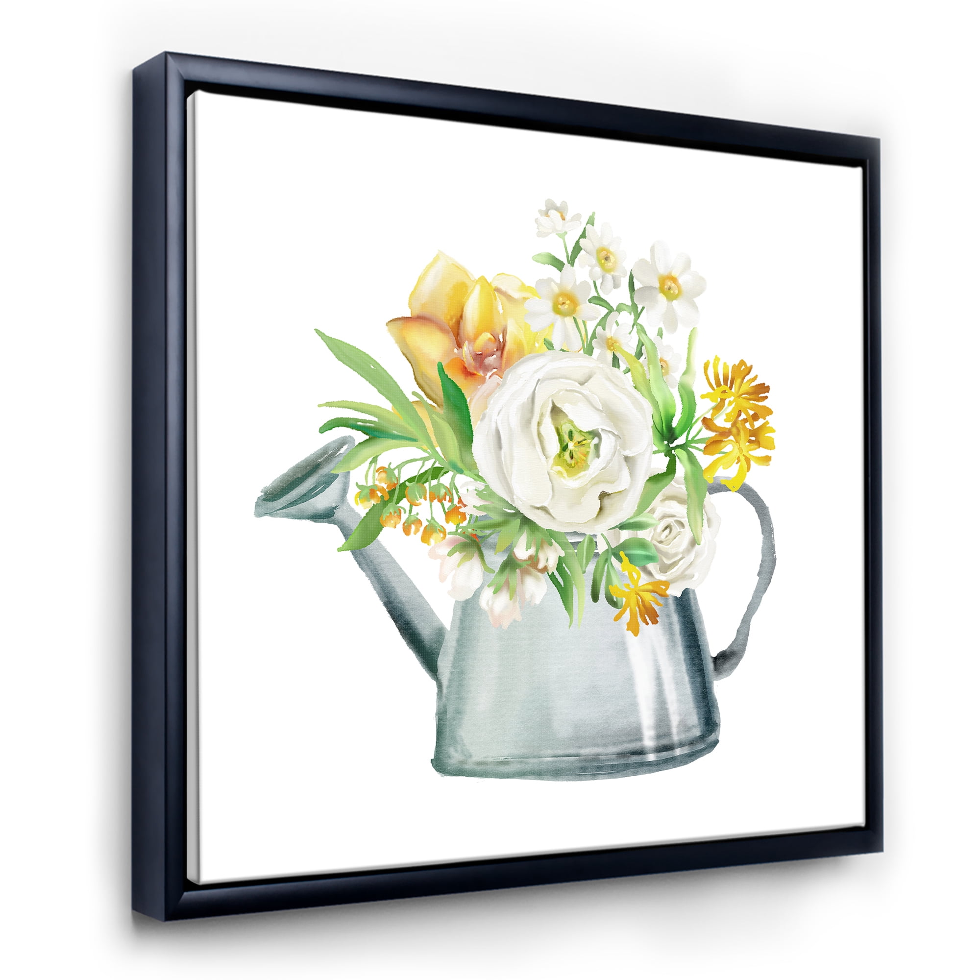 Designart 'Marigolds Roses and Peonies In Garden Watering Can' Farmhouse Framed Canvas Wall Art Print