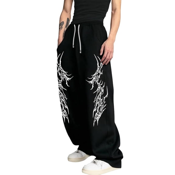 CONZONE Men's Baggy Sweatpants Gothic Wide Leg Pants for Men Trendy Elastic Waist Graphic Y2K Soft Streetwear Joggers With Pocket