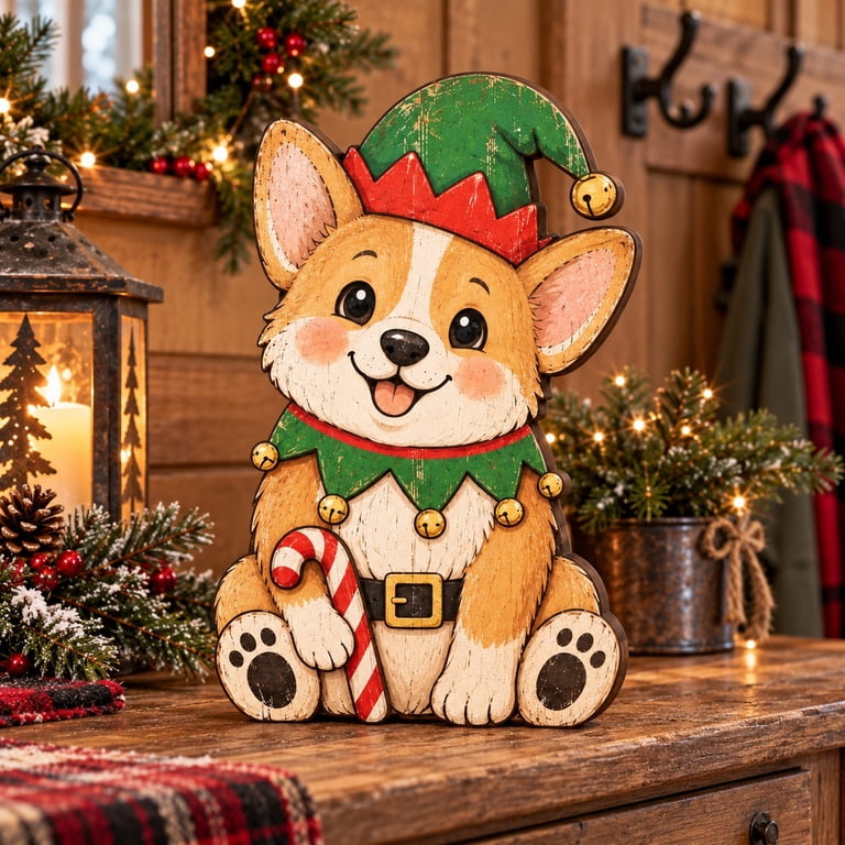 Wood Rustc 3 Layer Christmas Corgi Elf Wooden Stand, Rustic Tabletop Display for ...