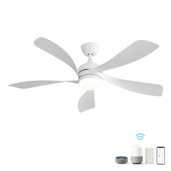POPFAN 52 Inch Modern Ceiling Fan with 3 Color Dimmable Light 5 ABS Blades Smart Remote Control Reversible DC Motor for Indoor, White