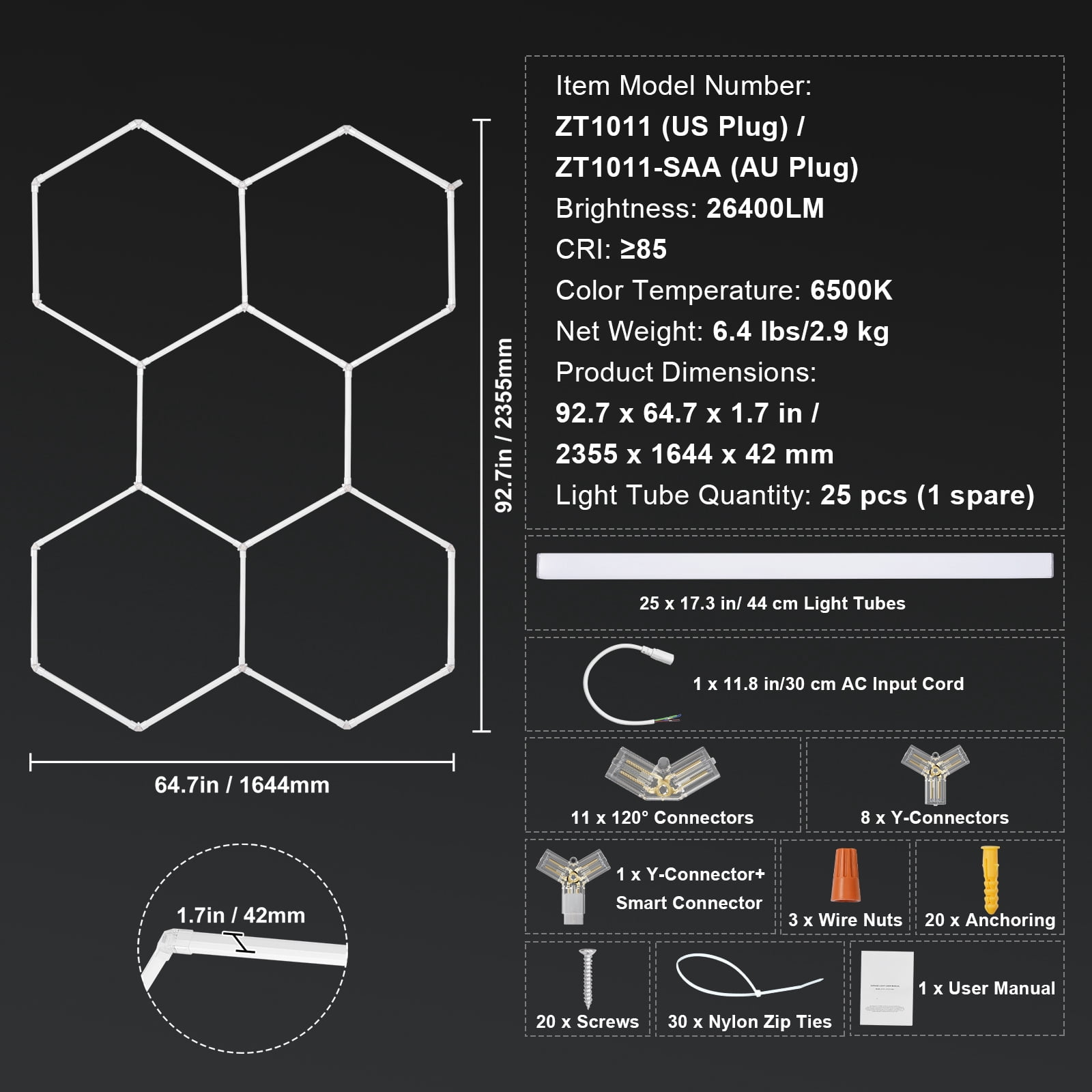 KFFKFF Hexagonal Garage Illumination, 26400LM, 6500K, 5-Unit Honeycomb LED Ceiling Fixtures, DIY Cool White Lighting for Car Detailing, Gyms, Basements, and Workshops