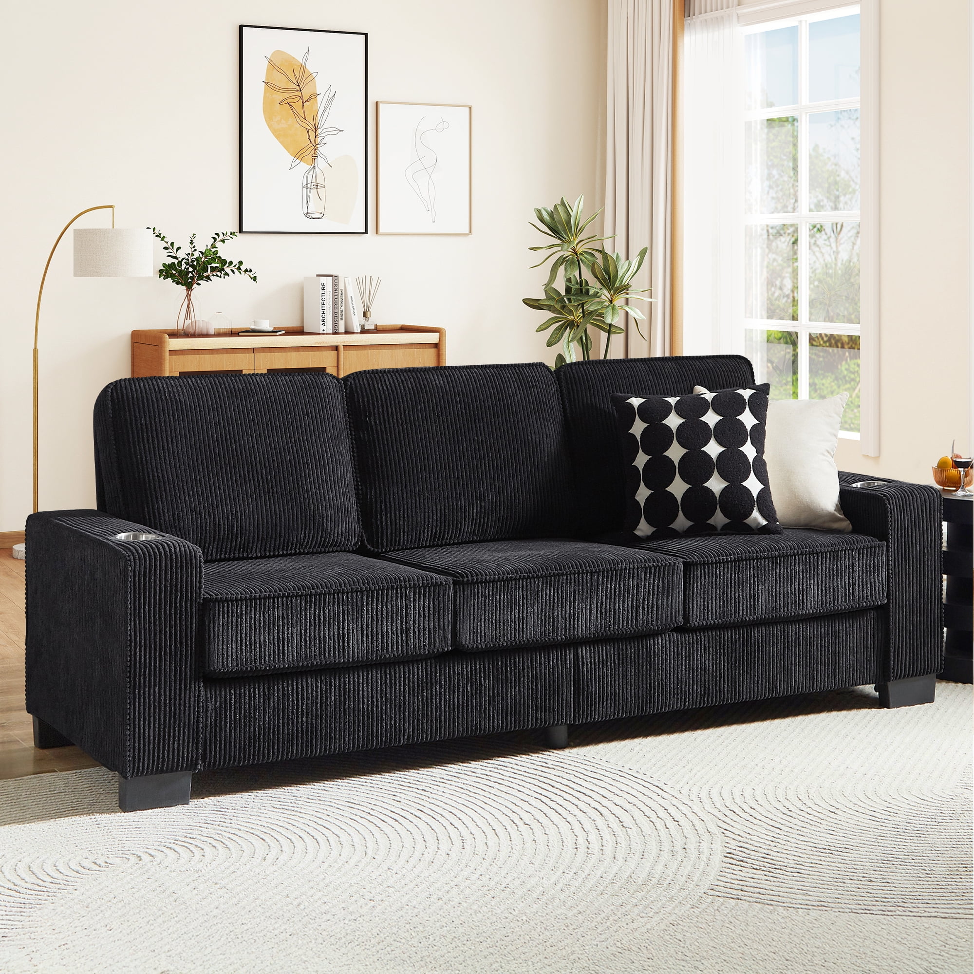 Lunale 83" Corduroy Sofa with Cup Holders, Modern 3-Seater Couch for Living Room, Apt., Black