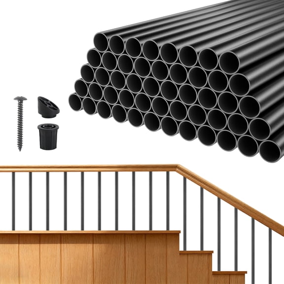 KFFKFF 125 Pack Deck Balusters, 36-inch Aluminum Railing Spindles, 3/4-inch Hollow Round Metal Stair Balusters with Connectors and Screws, Ideal for Decks, Porches, and Staircase Railings, Black