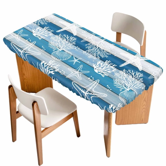 Blue Coastal Beach Table Cloths for 4 Foot Rectangle Tables, Nautical Starfish Coral Vintage Wooden Patio Waterproof Elastic Fitted Tablecloths, Washable Rectangular Table Cover for Camping