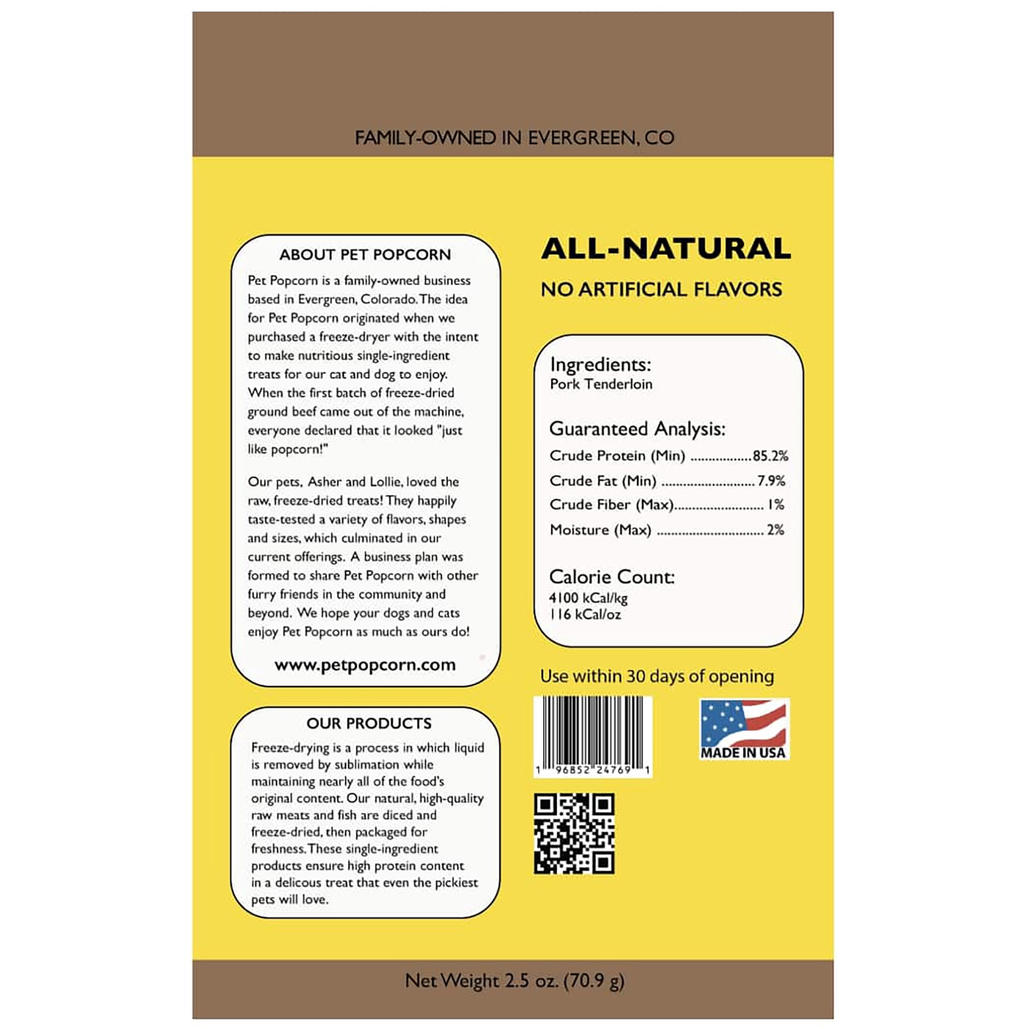 Pet Popcorn: Freeze-Dried Raw Treats - Pork Tenderloin - 2.5oz Bag, Dog & Cat Snacks, Single Ingredient, Natural, Pet Food Topper, Protein‑Packed Meat