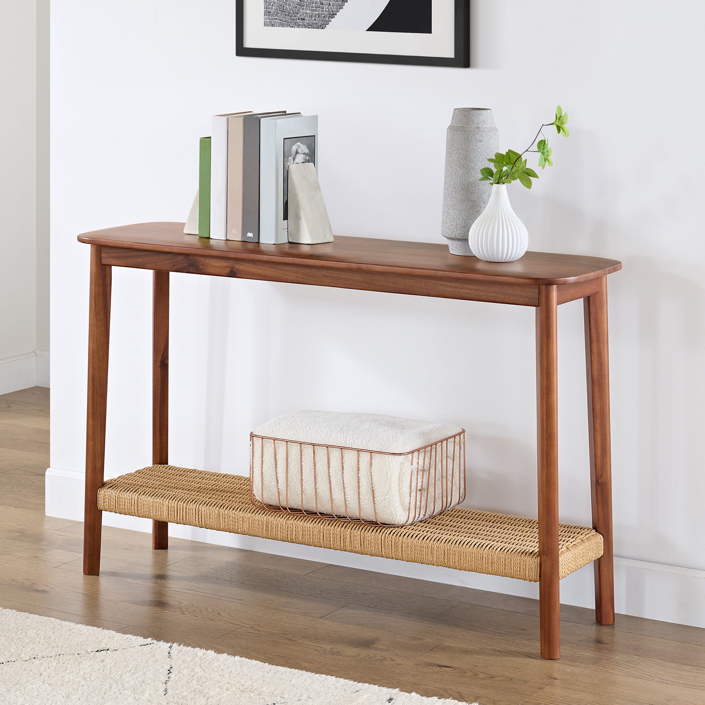 Alaterre Furniture Calais 48 in. Acacia Wood Console Table with Shelf, Modern Sofa Table, Warm Chestnut