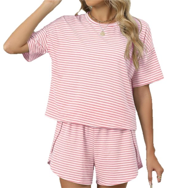 Pijama de verano for mujer, de manga corta a rayas, informal, cómodo, conjunto de 2 piezas for el hogar