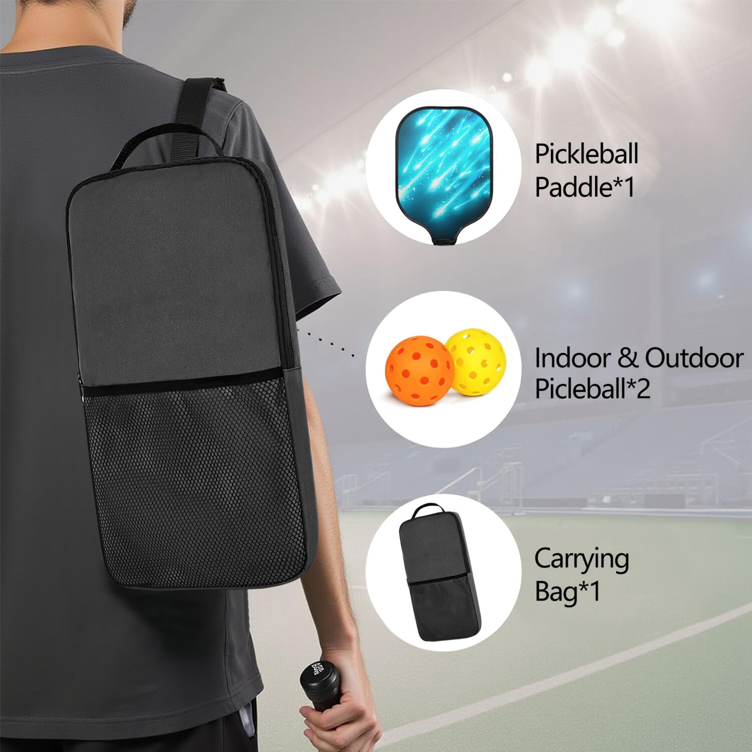 Pickleball Paddles Set Of 1, Fiberglass Surface, Speed, Lightning, Thunder Print, 1 Paddle, 2 Balls & Bag