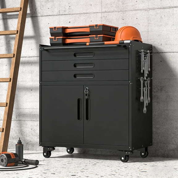 34.3 Inch Rolling Metal Tool Cabinet Heavy Duty Garage Storage Organizer with Lockable Doors and 3 Drawers Mobile Workbench