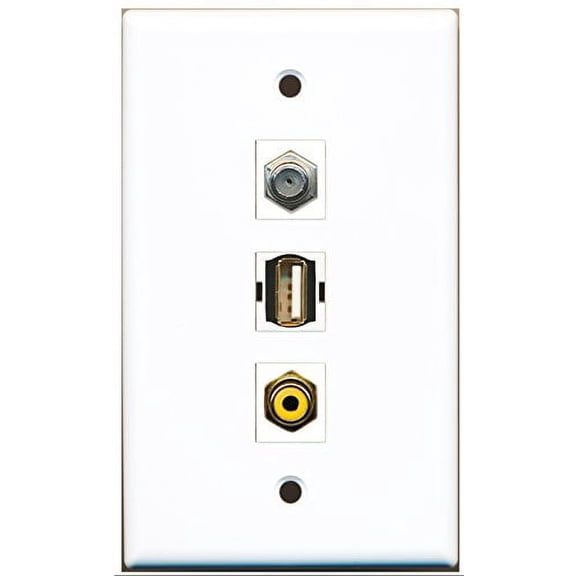 RiteAV - 1 Port RCA Yellow and 1 Port Coax Cable TV- F-Type and 1 Port USB A-A Wall Plate