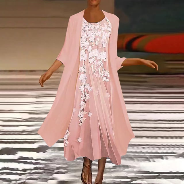 Mefallenssiah Mode Femmes Casual V-Cou Robe Sans Manches Solide Manteau à Manches Longues Deux Pièces Ensemble