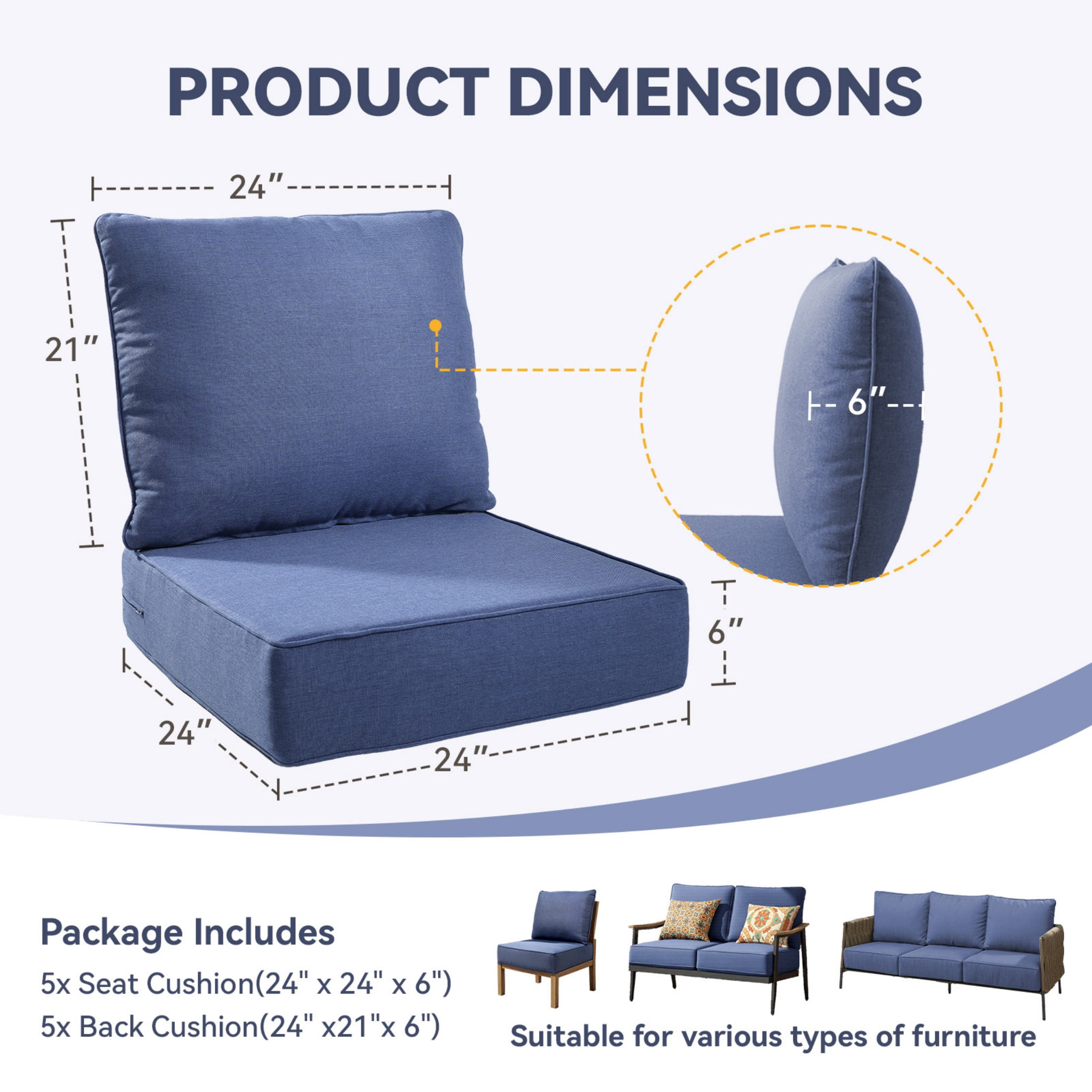 Unnifurnzi Outdoor Chair Cushions Set of 5-24 x 24 x 6 Inch Patio Furniture Cushions with Water Resistant & Removable Cover Patio Cushions for Outdoor Furniture Chair Sofa Couch-Blue