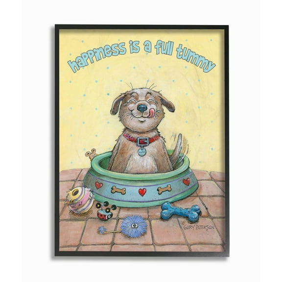 Happiness Is A Full Tummy Dog Funny Cartoon Pet Design Framed Giclee Texturized Art by Gary Patterson