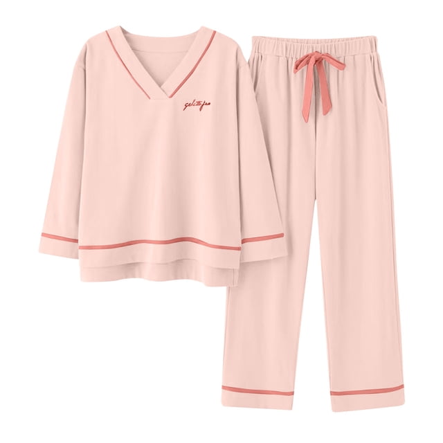 Timegard Womens 2 Piece Pajamas Sets V Neck Long Sleeve Tops Drawstring Wide Leg Pants with Pockets Lounge Outfit