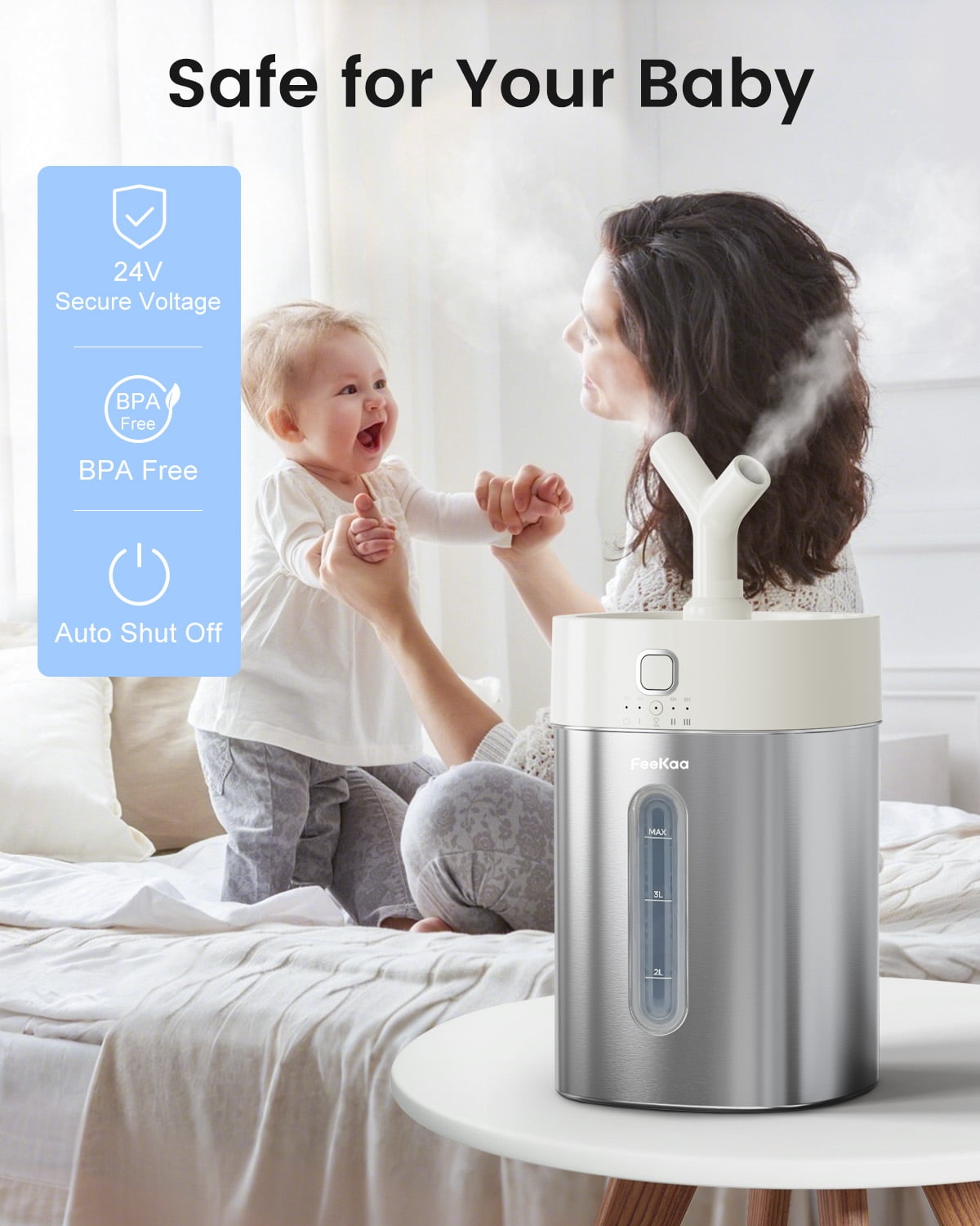 Stainless Steel Humidifier Dishwasher Safe, 4L/1Gal Cool Mist Humidifiers for Room Bedroom, Easy Clean Humidifier Large Room, Humidifiers for Baby Nursery Living Room Office Plant, White